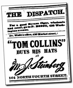 A newspaper clipping from the 1870s about Tom Collins and his preferred hat brands.